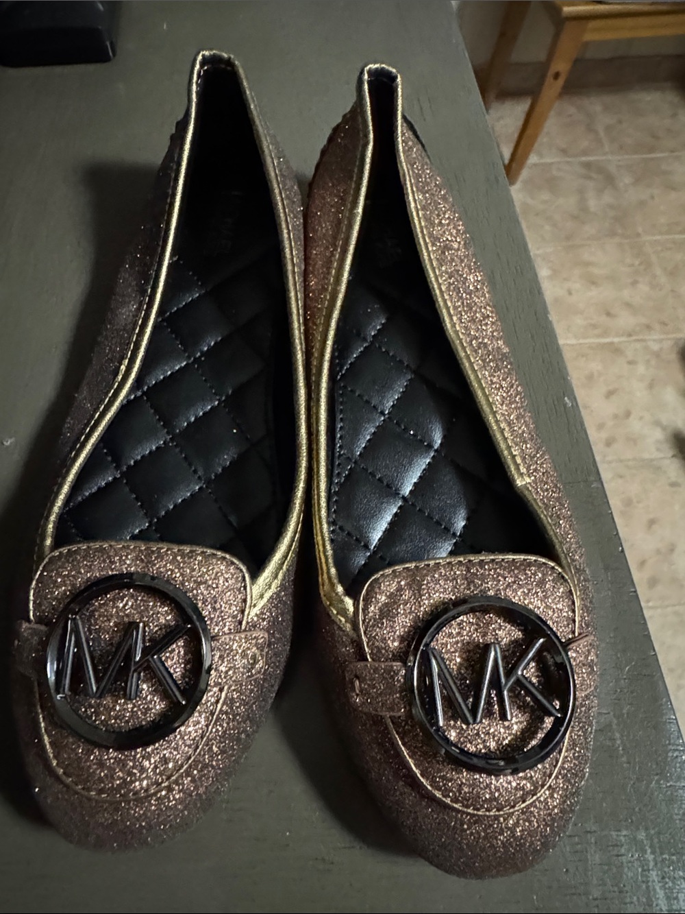 Michael Kors Glitter Slip-On Flats in Rose Bronze with MK Emblem No box